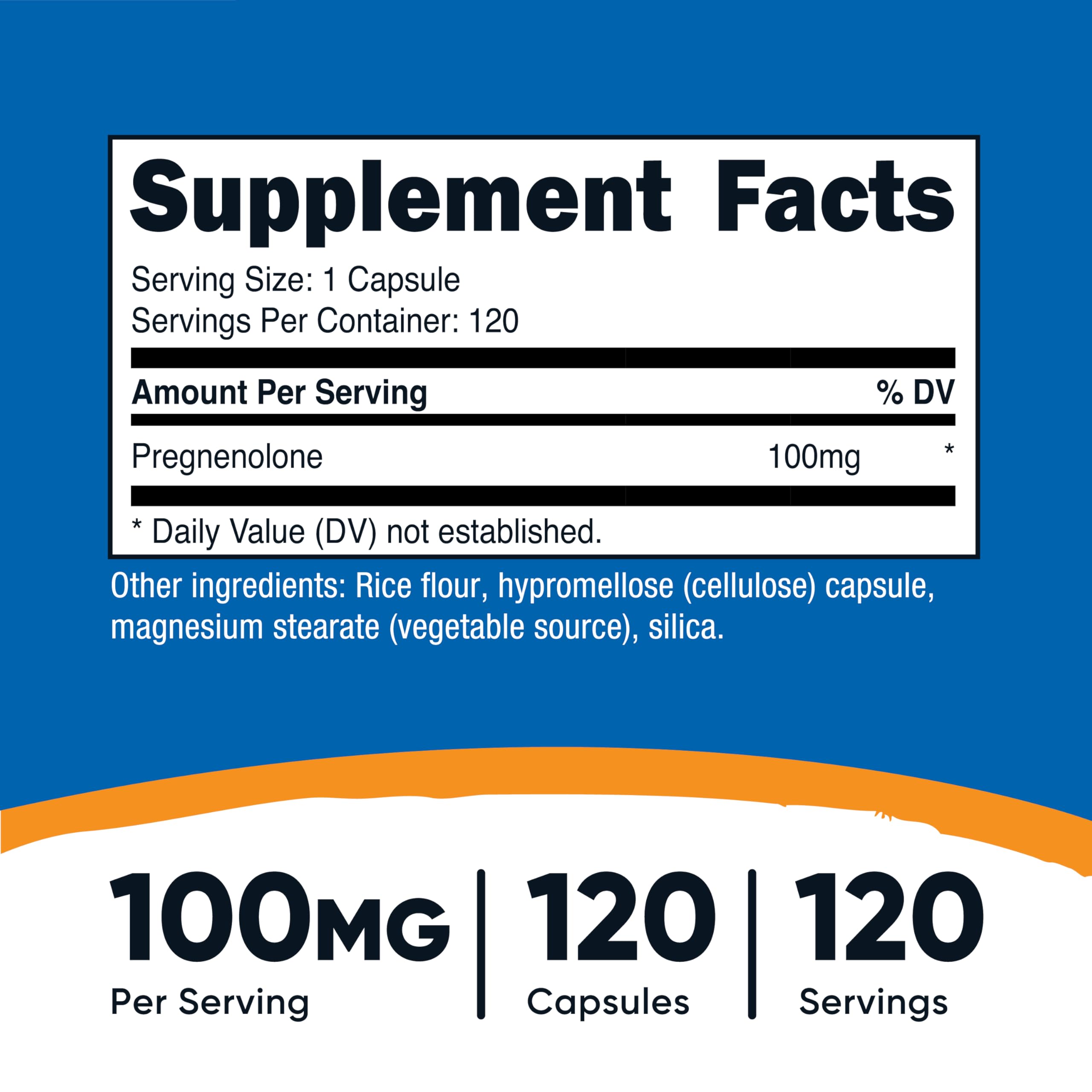 Packshot of Nutricost Pregnenolone 100mg bottle showing 120 capsules
