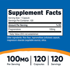 Packshot of Nutricost Pregnenolone 100mg bottle showing 120 capsules