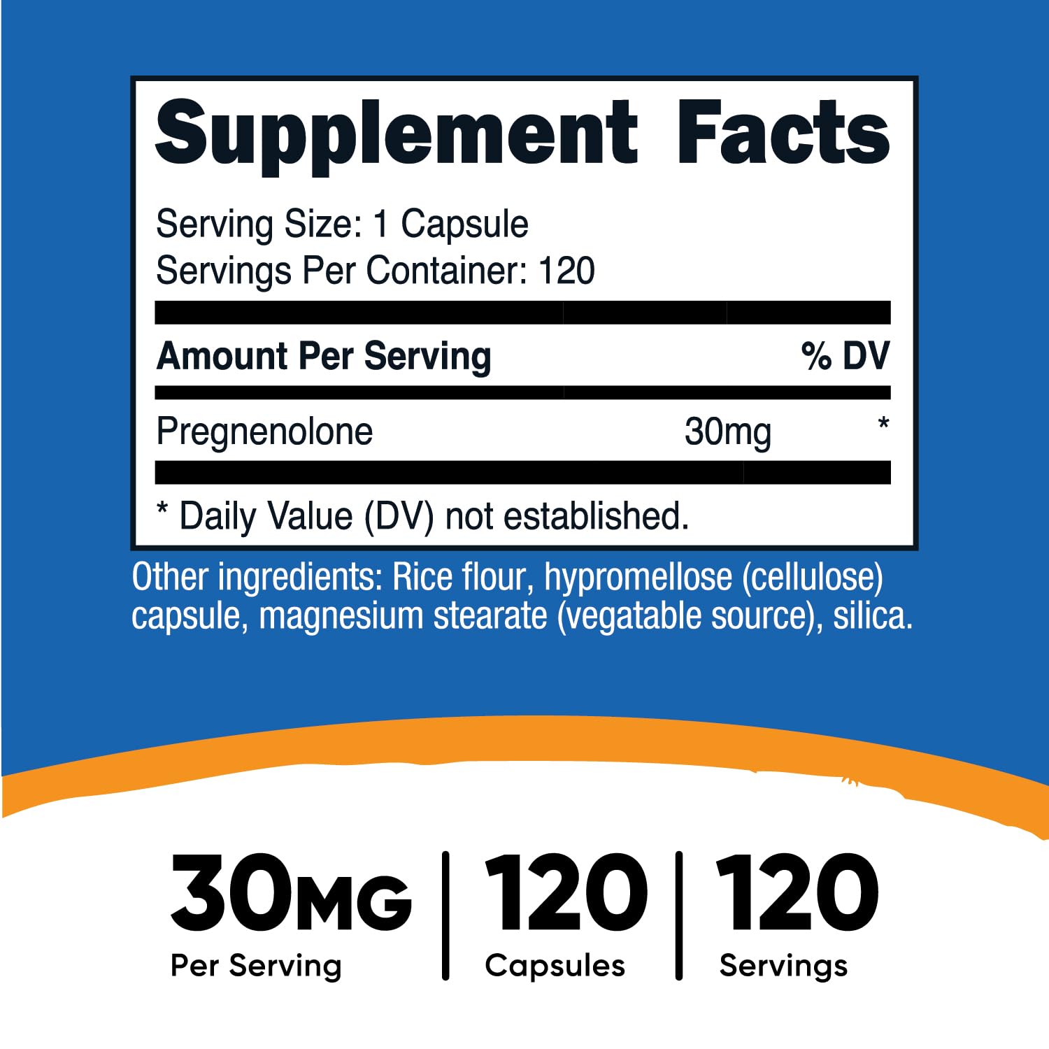 Pregnenolone 30mg capsules label close-up