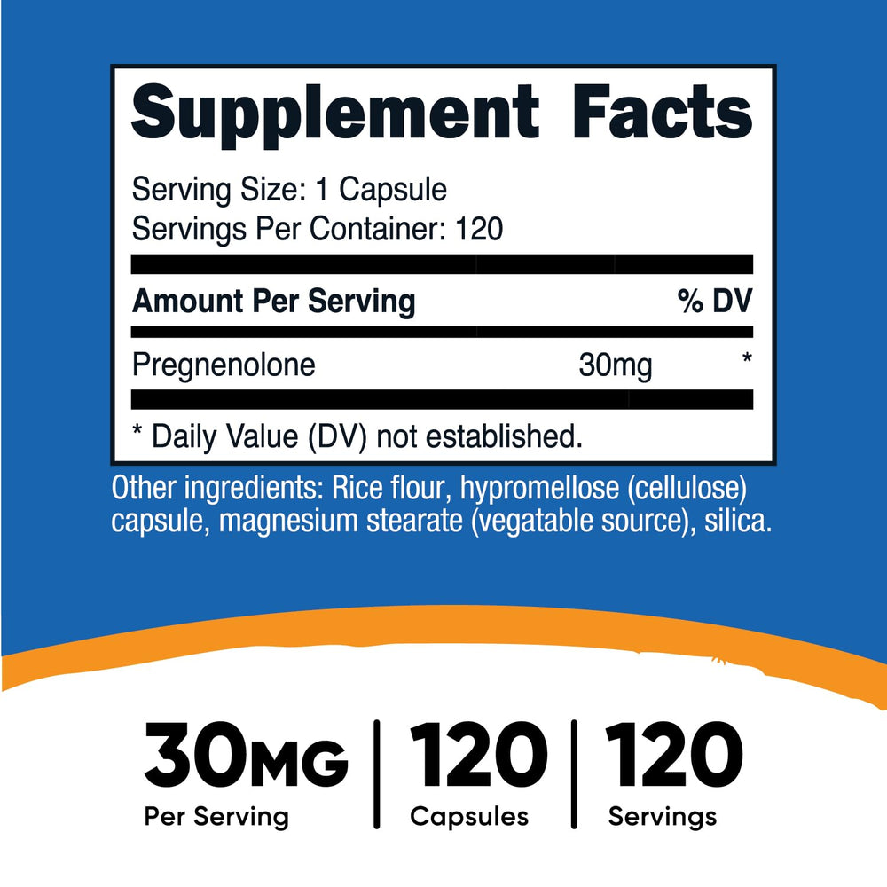 Pregnenolone 30mg capsules label close-up