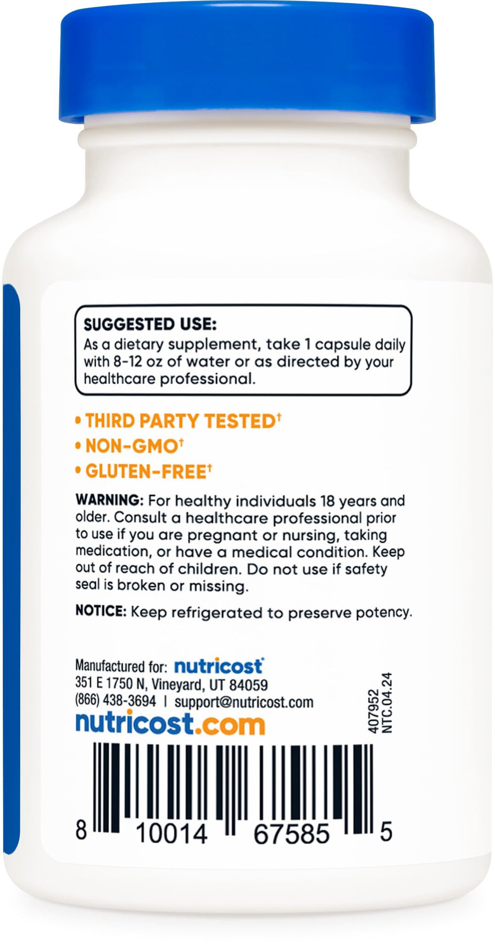Non-GMO and Gluten Free certification icons for Nutricost Probiotic Complex