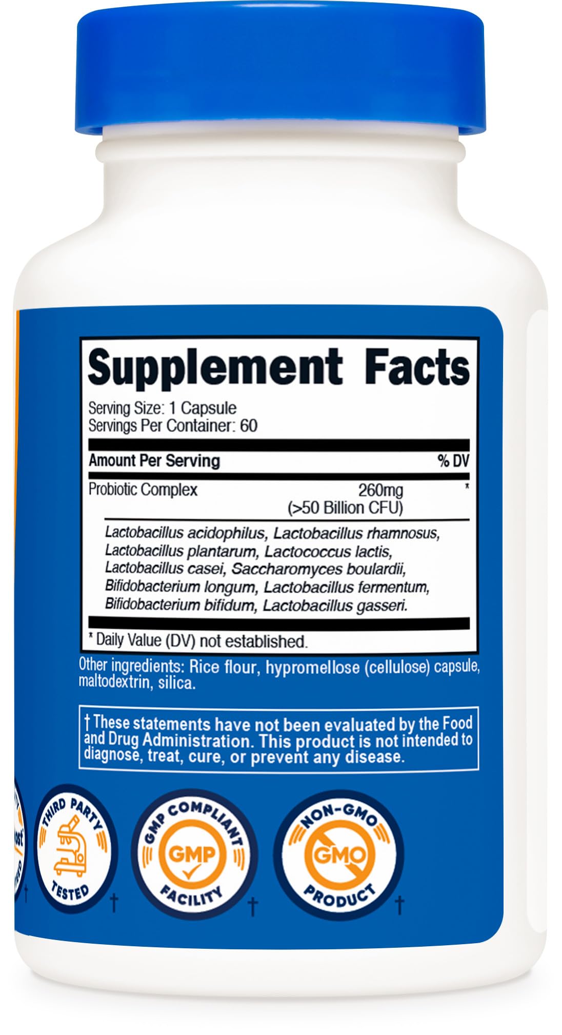 Ingredient panel on Nutricost Probiotic Complex bottle