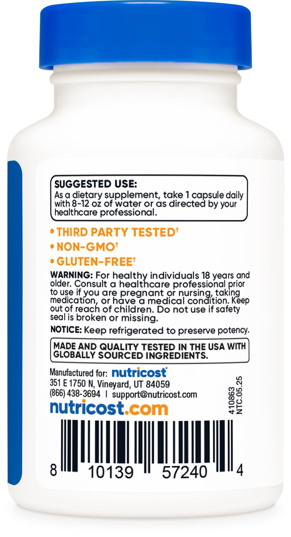 Non-GMO and Gluten-Free label on Nutricost Probiotic Complex