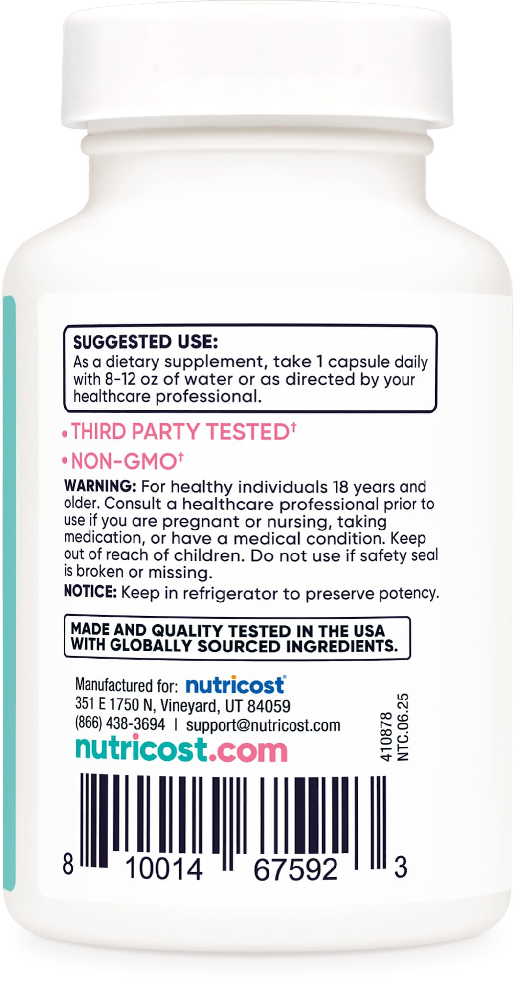 Packaging indicating Non-GMO and Gluten Free with third-party tested label