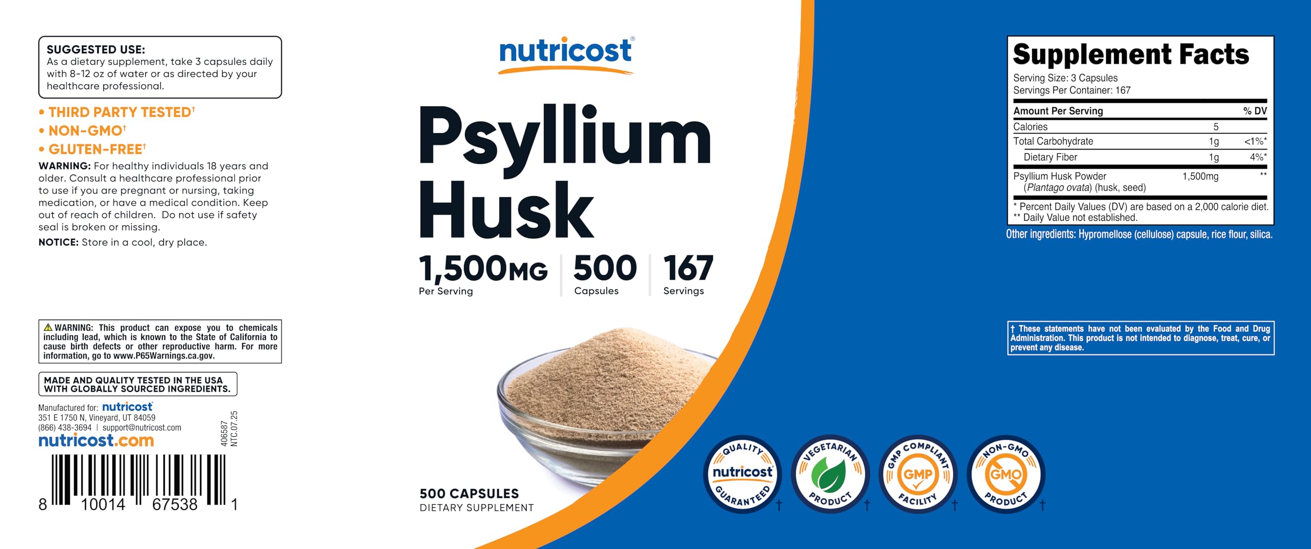 Nutrition facts and ingredients panel on Nutricost Psyllium Husk bottle