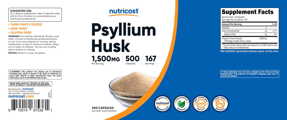 Nutrition facts and ingredients panel on Nutricost Psyllium Husk bottle