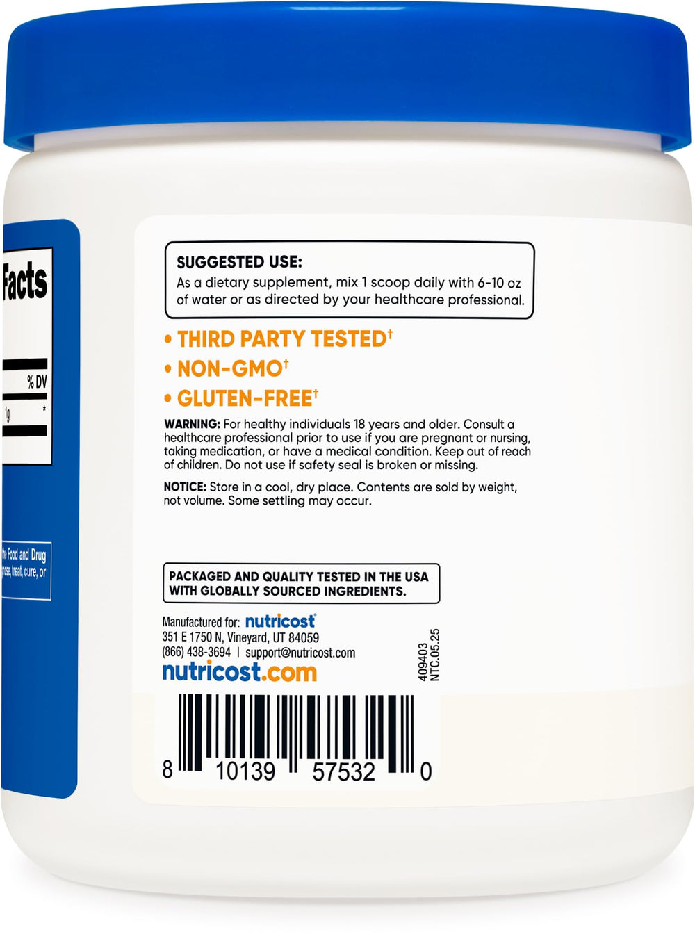 Nutrition facts and ingredients label for Agmatine sulfate powder