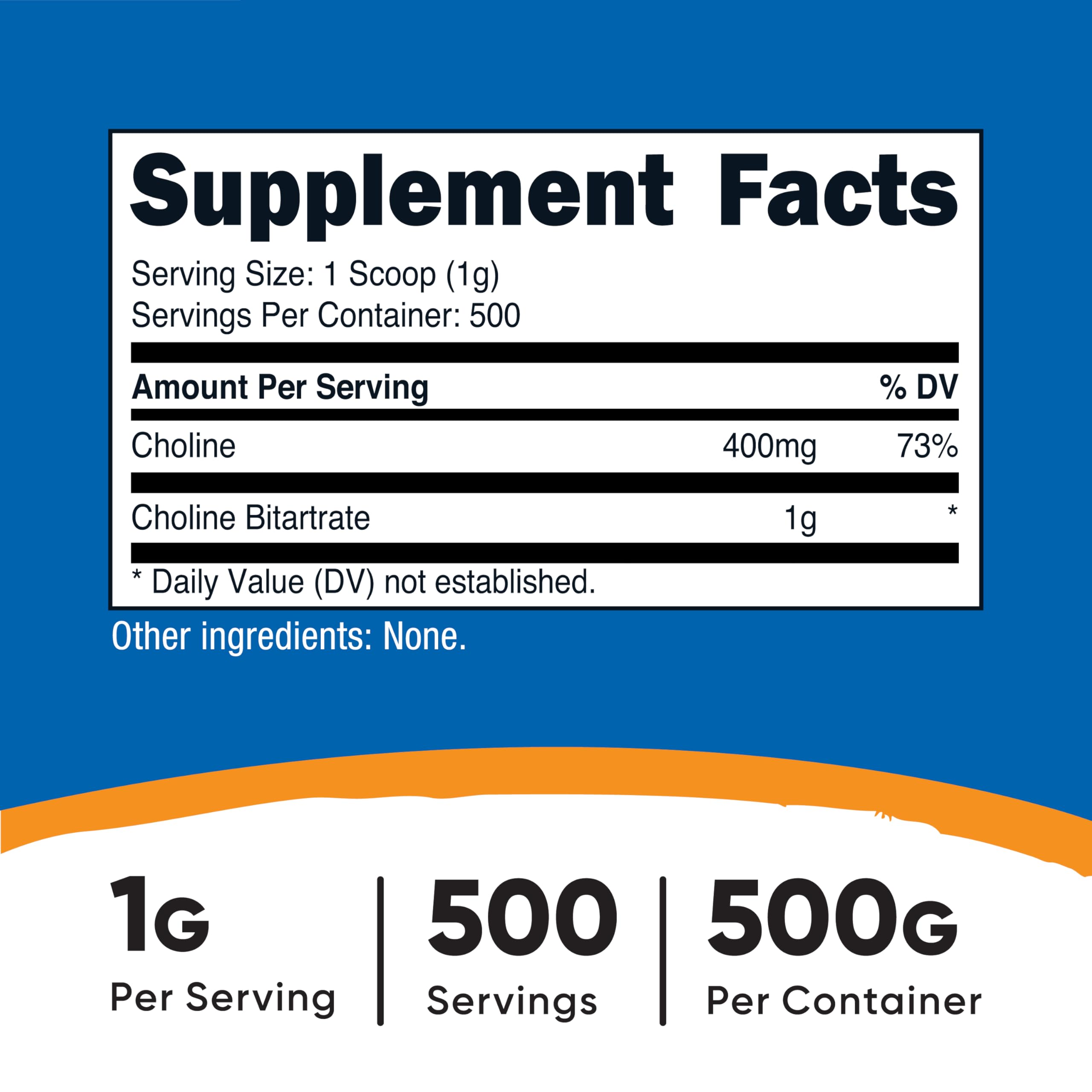 Bottle of Nutricost Pure Choline Bitartrate Powder 500g