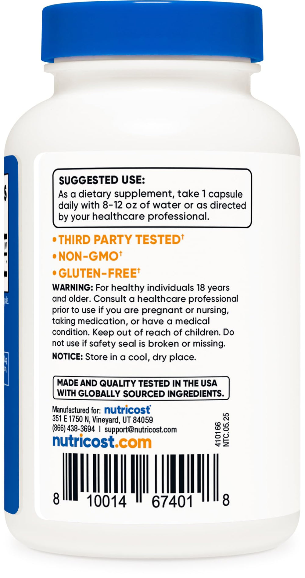 Nutricost R-ALA ingredients and nutrition facts panel