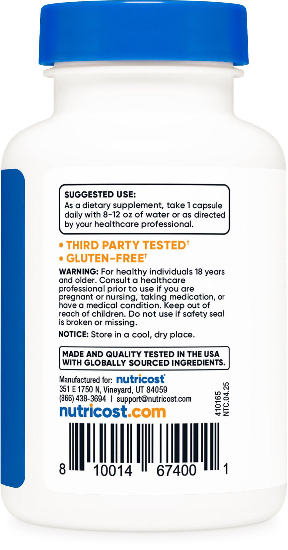 Label showing ingredients for Nutricost R-Alpha Lipoic Acid 100mg