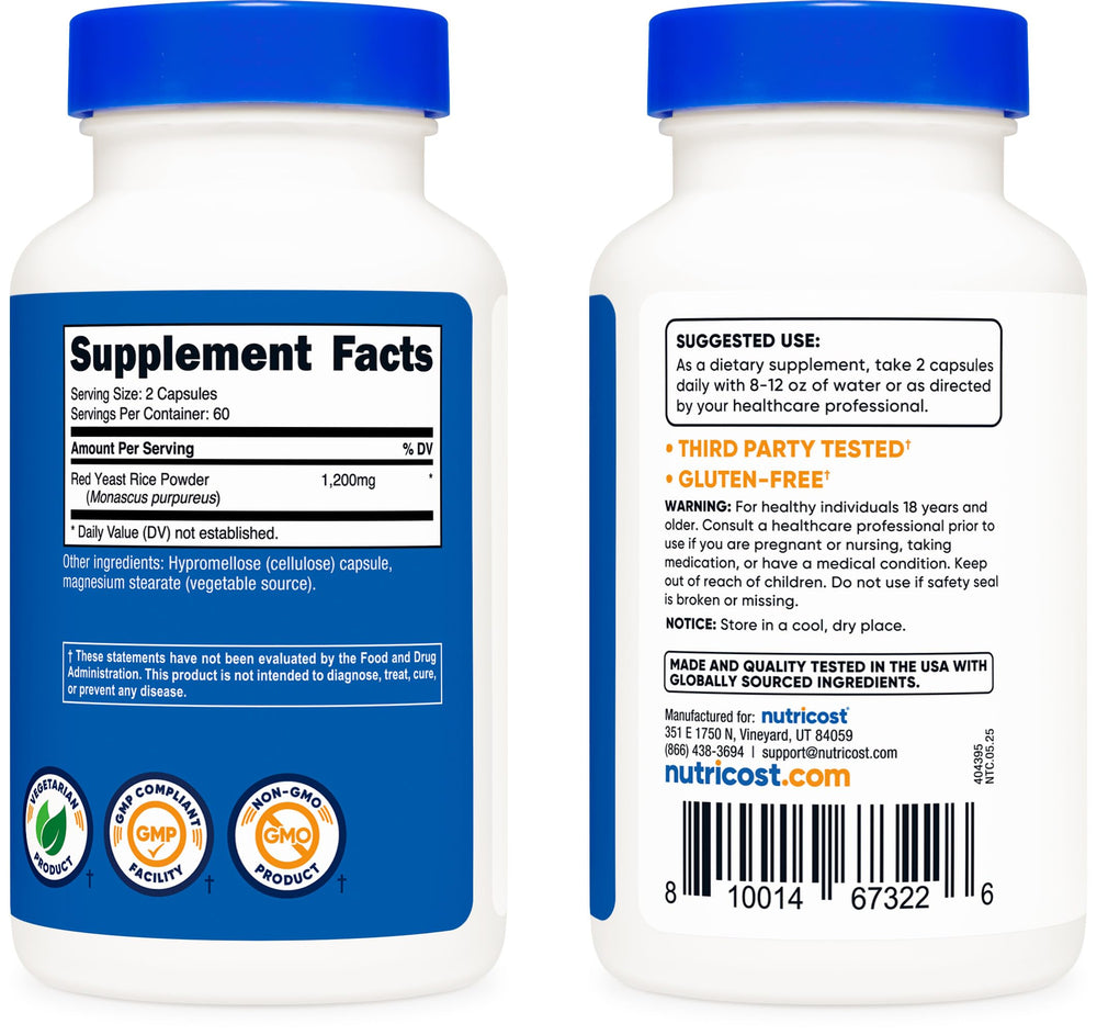 Close-up of Nutricost Red Yeast Rice 1200mg label