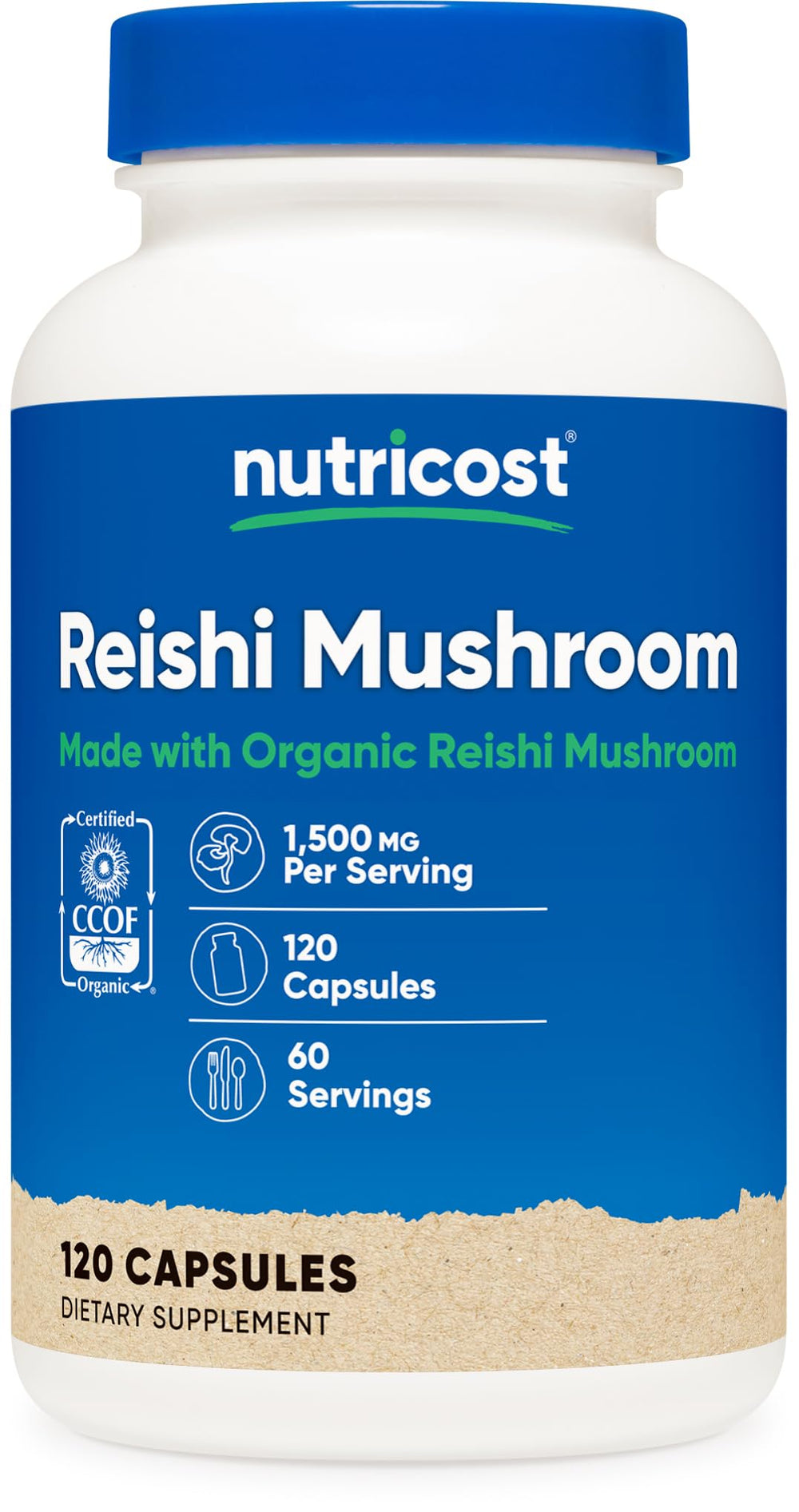Nutricost Reishi Mushroom Capsules bottle label showing Organic and 1500mg per serving