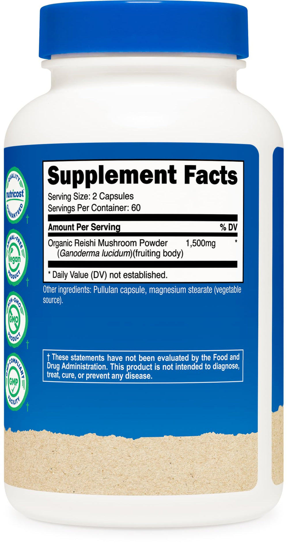 Nutrition facts and ingredients on Nutricost Reishi bottle