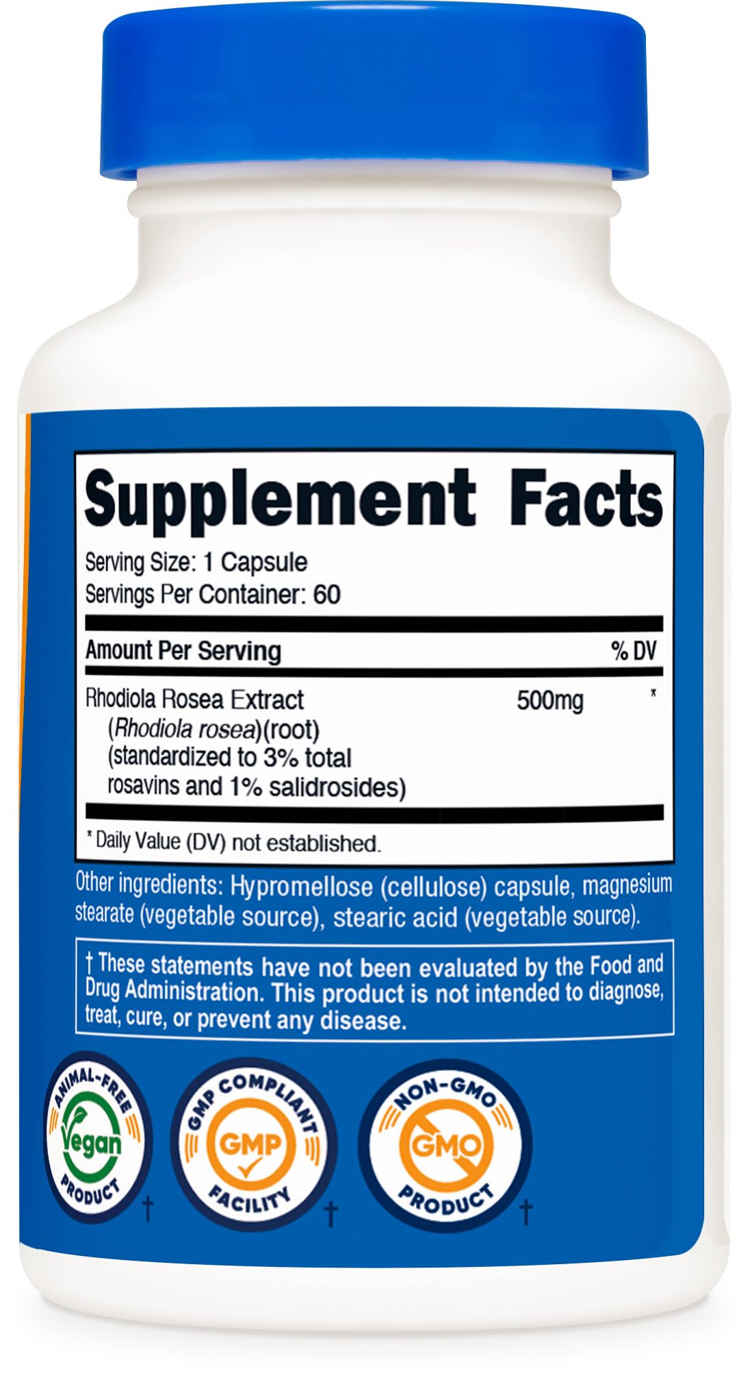 3rd party testing and GMP facility label for Nutricost Rhodiola Rosea