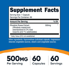 Back view of Nutricost Rhodiola Rosea 500mg bottle with supplement facts