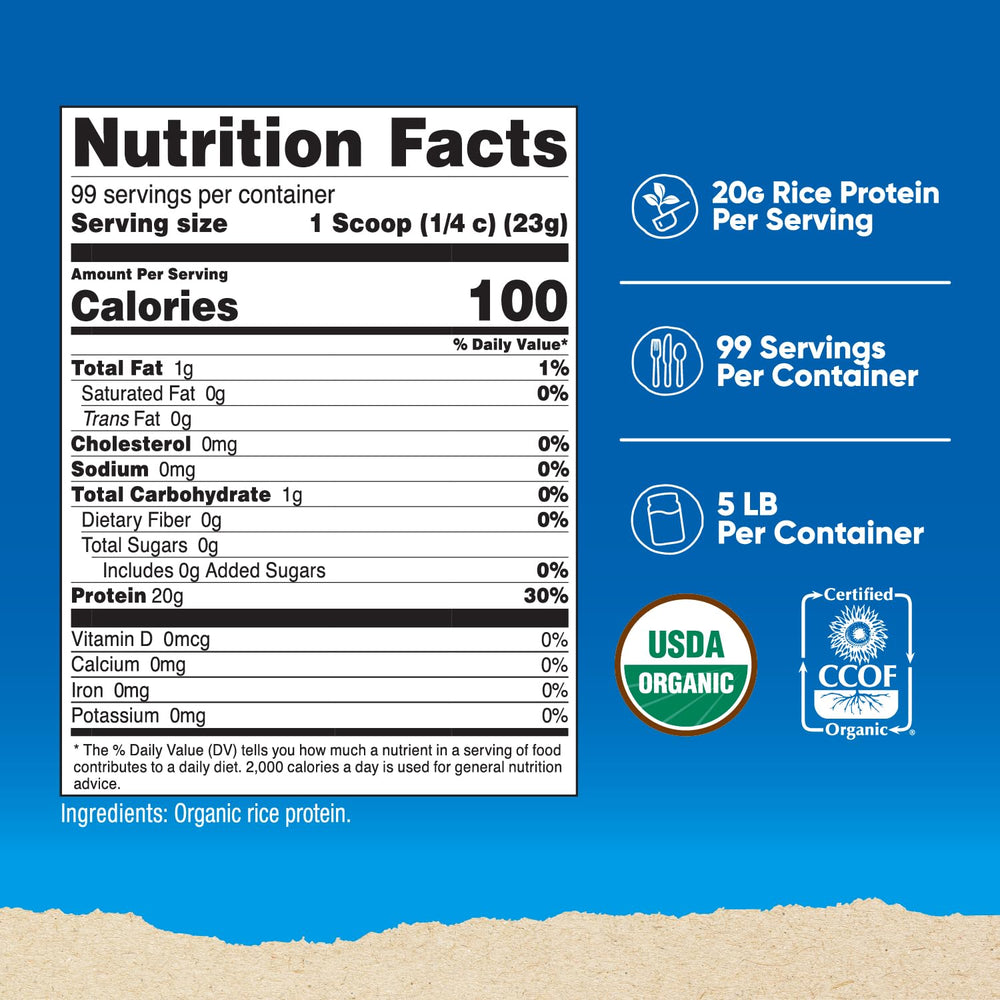 Nutricost rice protein powder ingredients brown rice label indicates organic source.