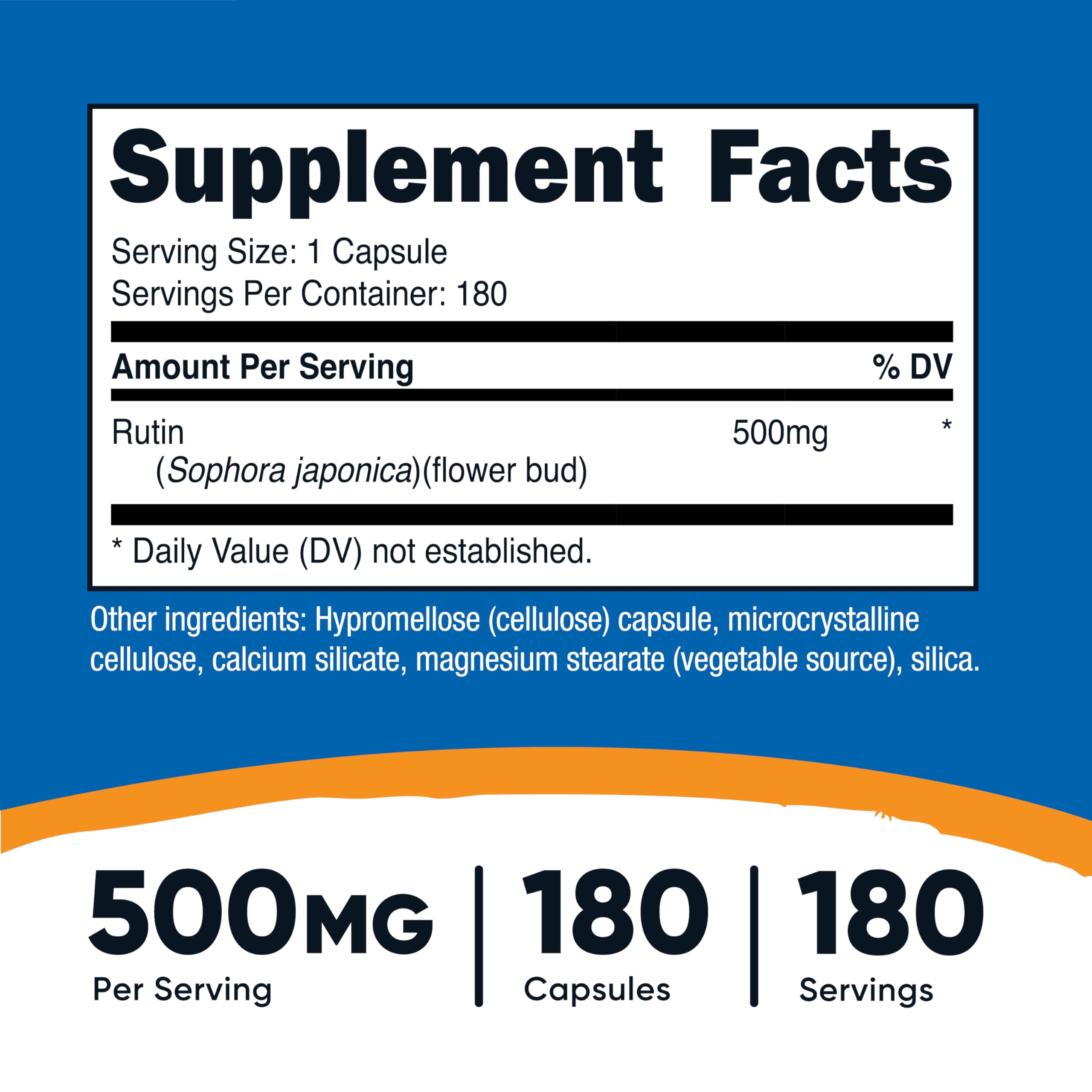 Close-up of Nutricost Rutin 500mg label on bottle