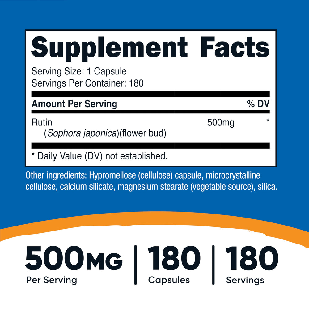 Close-up of Nutricost Rutin 500mg label on bottle
