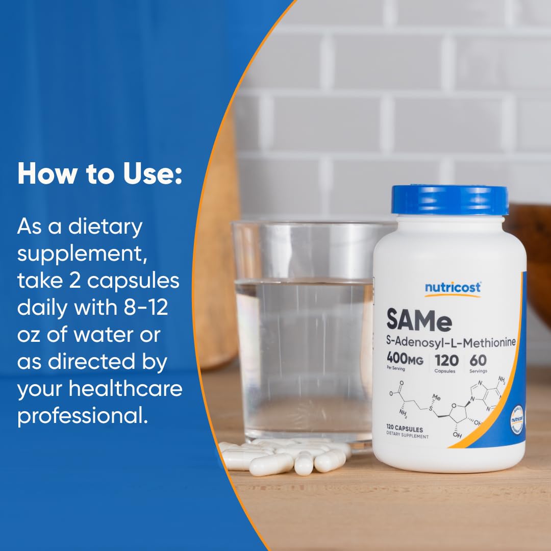 Third-party ISO testing label on Nutricost SAM-e packaging