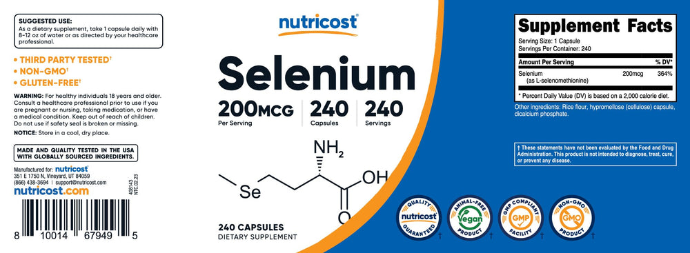 Front view of Nutricost Selenium packaging on white background
