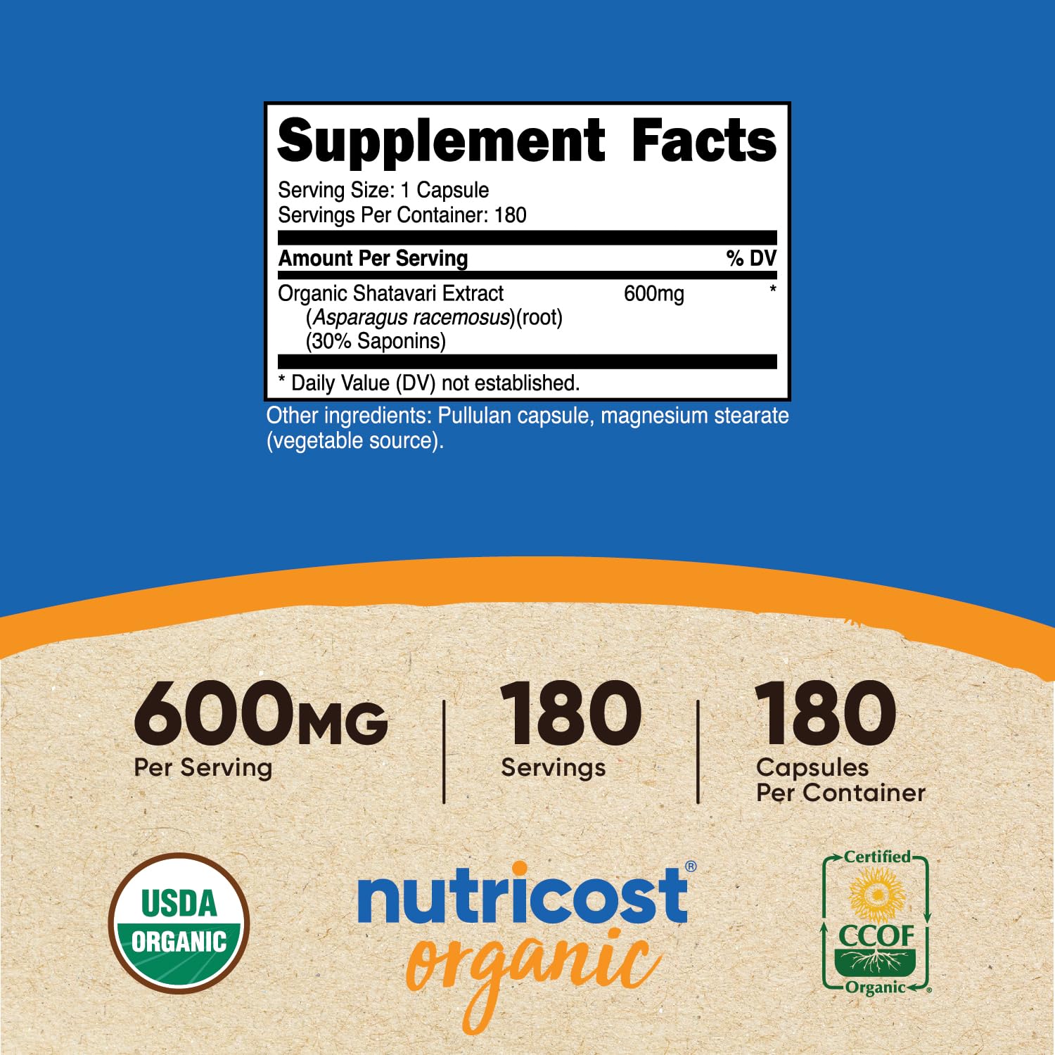 Close-up of Nutricost Shatavari label showing organic certification
