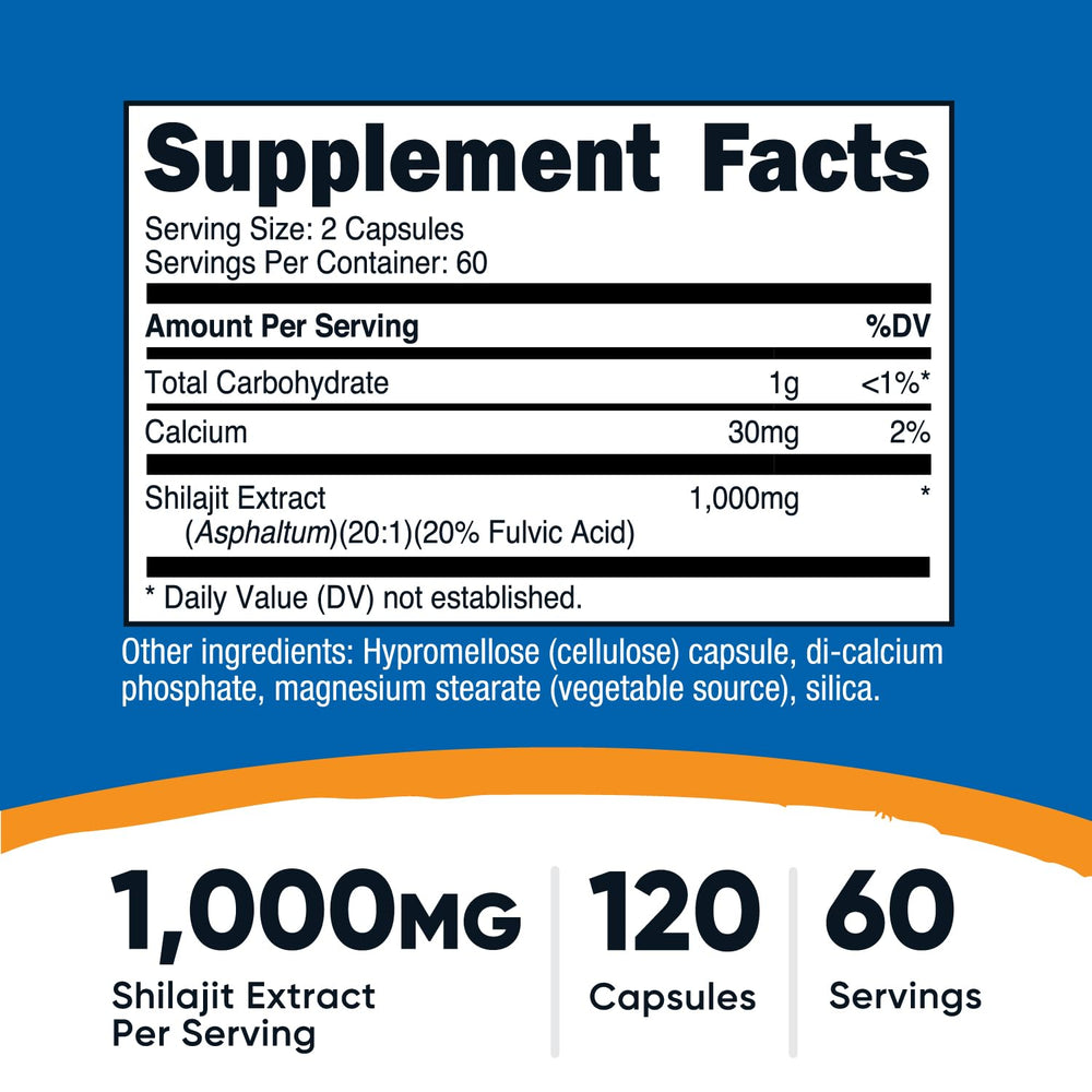 Nutricost Shilajit capsules label—gluten-free, non-GMO, vegan