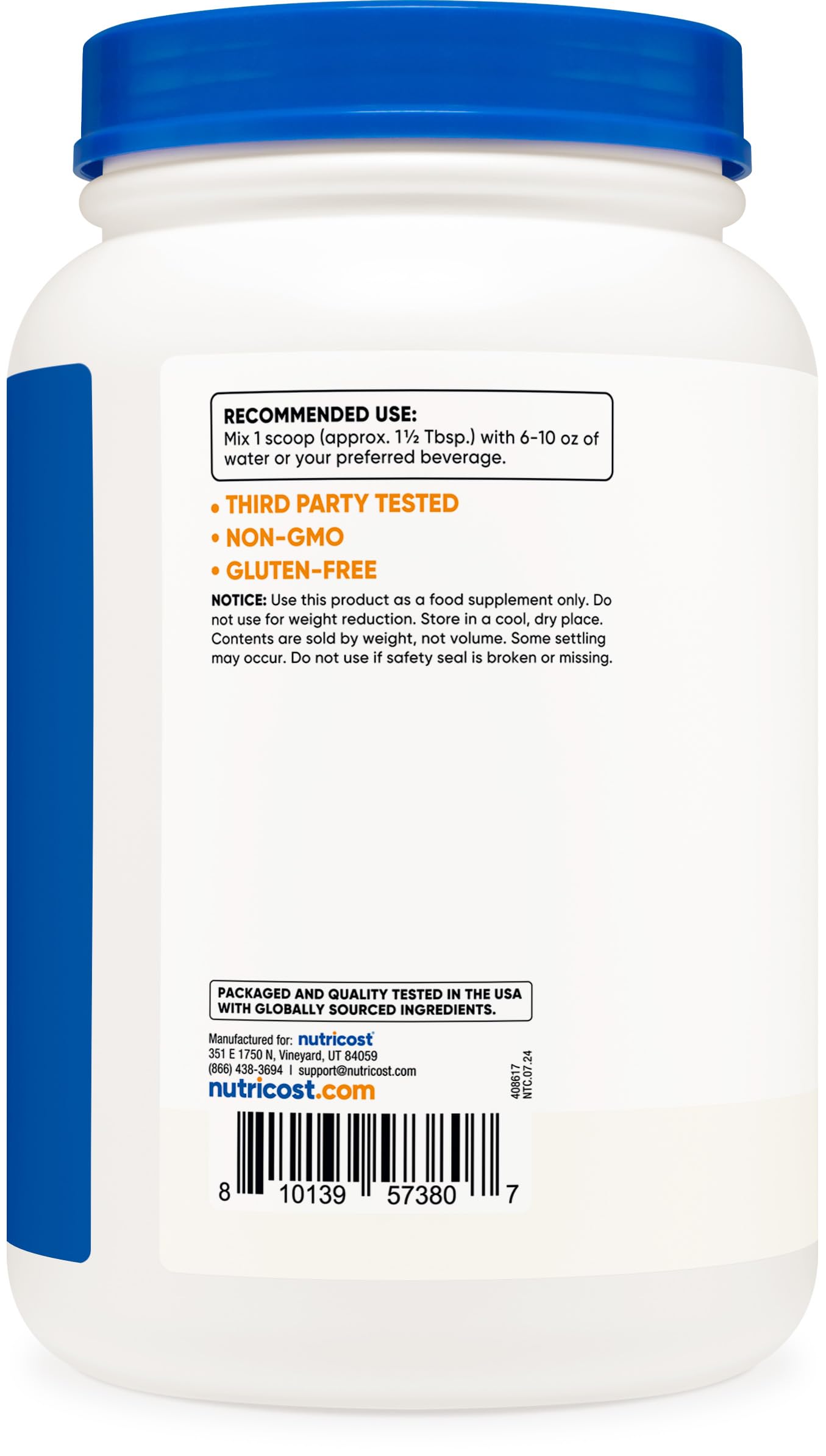 Nutricost Soy Protein Isolate Powder label closeup emphasizes gluten-free, GMO-free ingredients.
