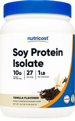 Nutricost soy protein isolate vanilla powder scoop for smoothies.