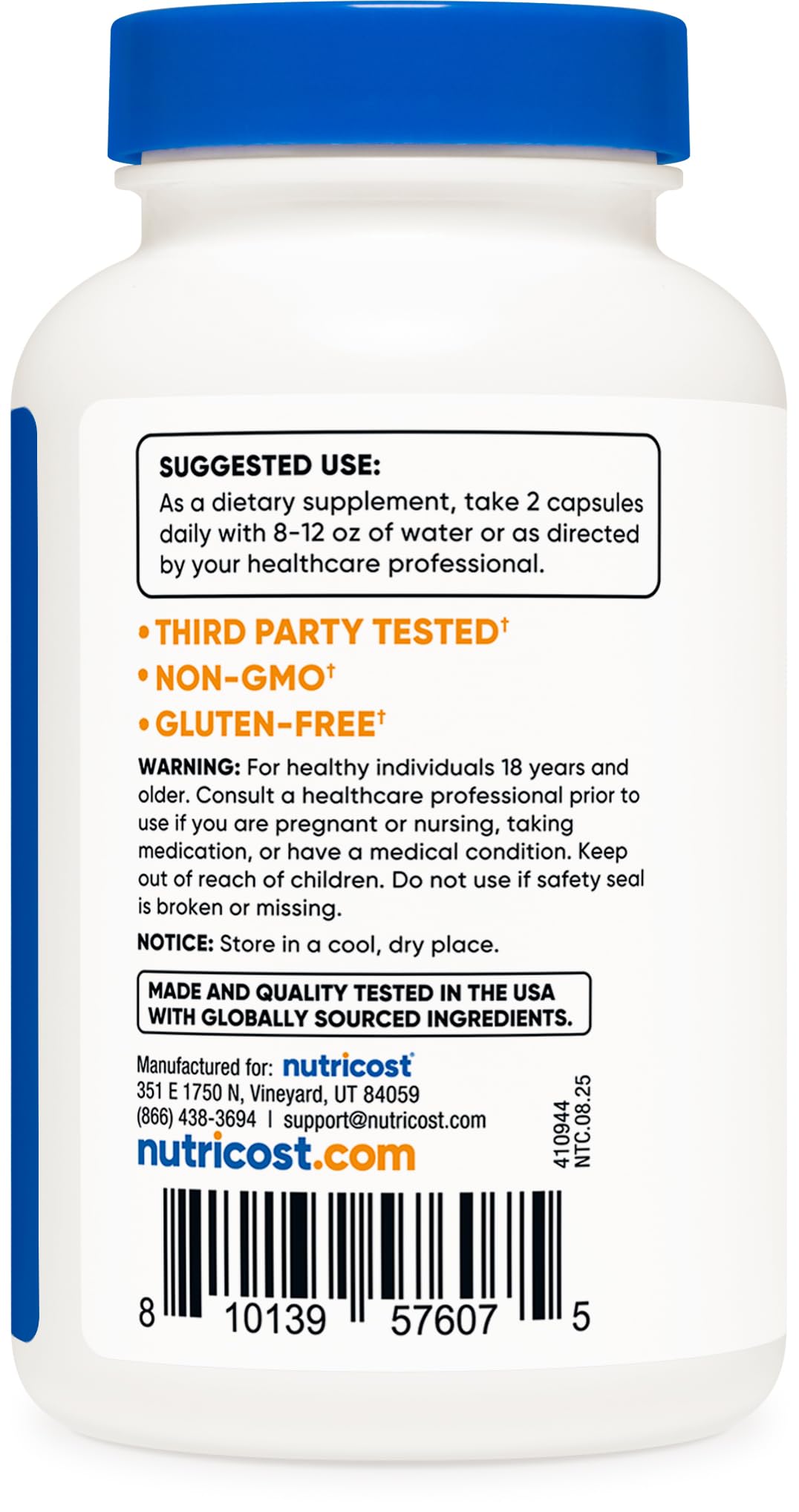 GMO-free and gluten-free indicators on Nutricost packaging