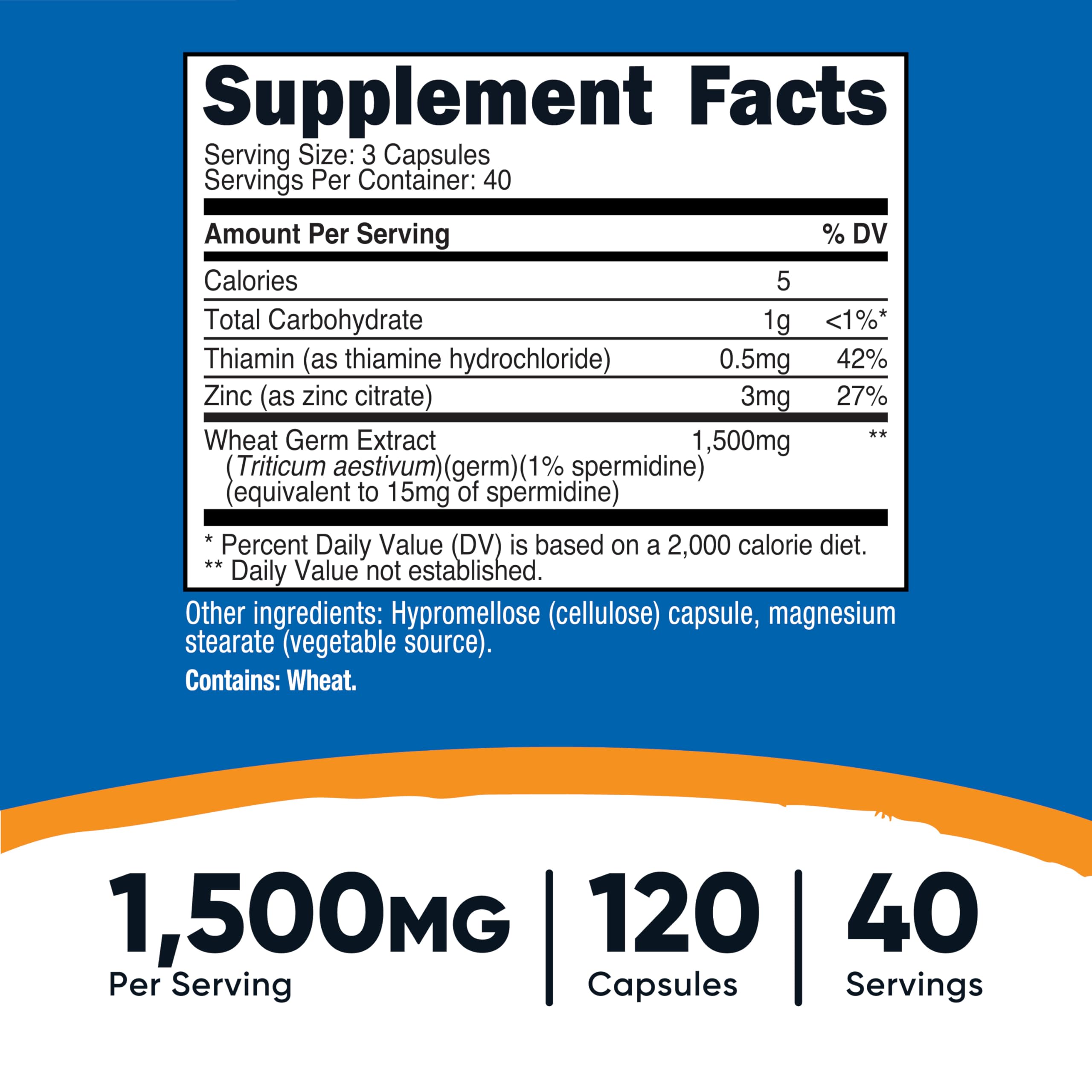 Serving size showing three capsules containing 1500mg wheat germ extract