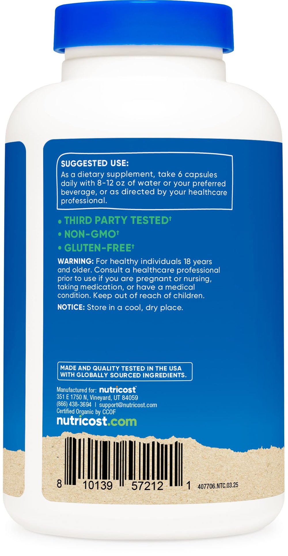Nutricost Spirulina packaging showing gluten-free and non-GMO labels