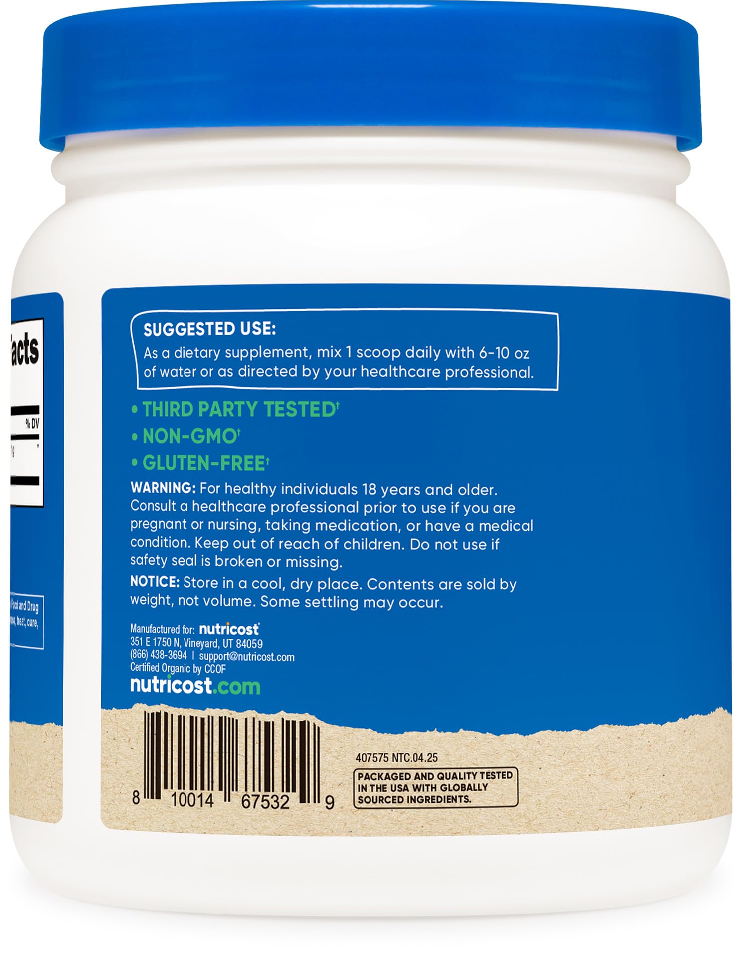 Nutrition facts label for Nutricost Spirulina powder