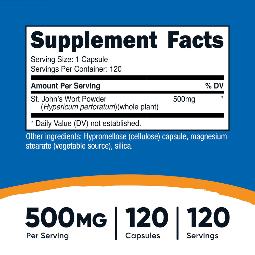 Close-up of Nutricost St John's Wort capsules showing 500 mg dosage