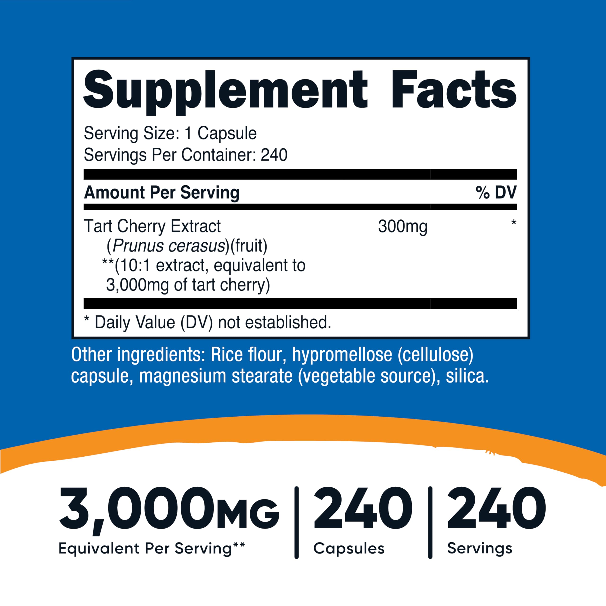 Close-up label showing Tart Cherry Extract 3,000mg equivalent per serving