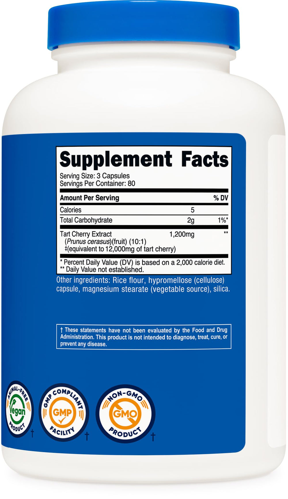 Vegan, GMO-free, gluten-free icons on Nutricost Tart Cherry Extract packaging