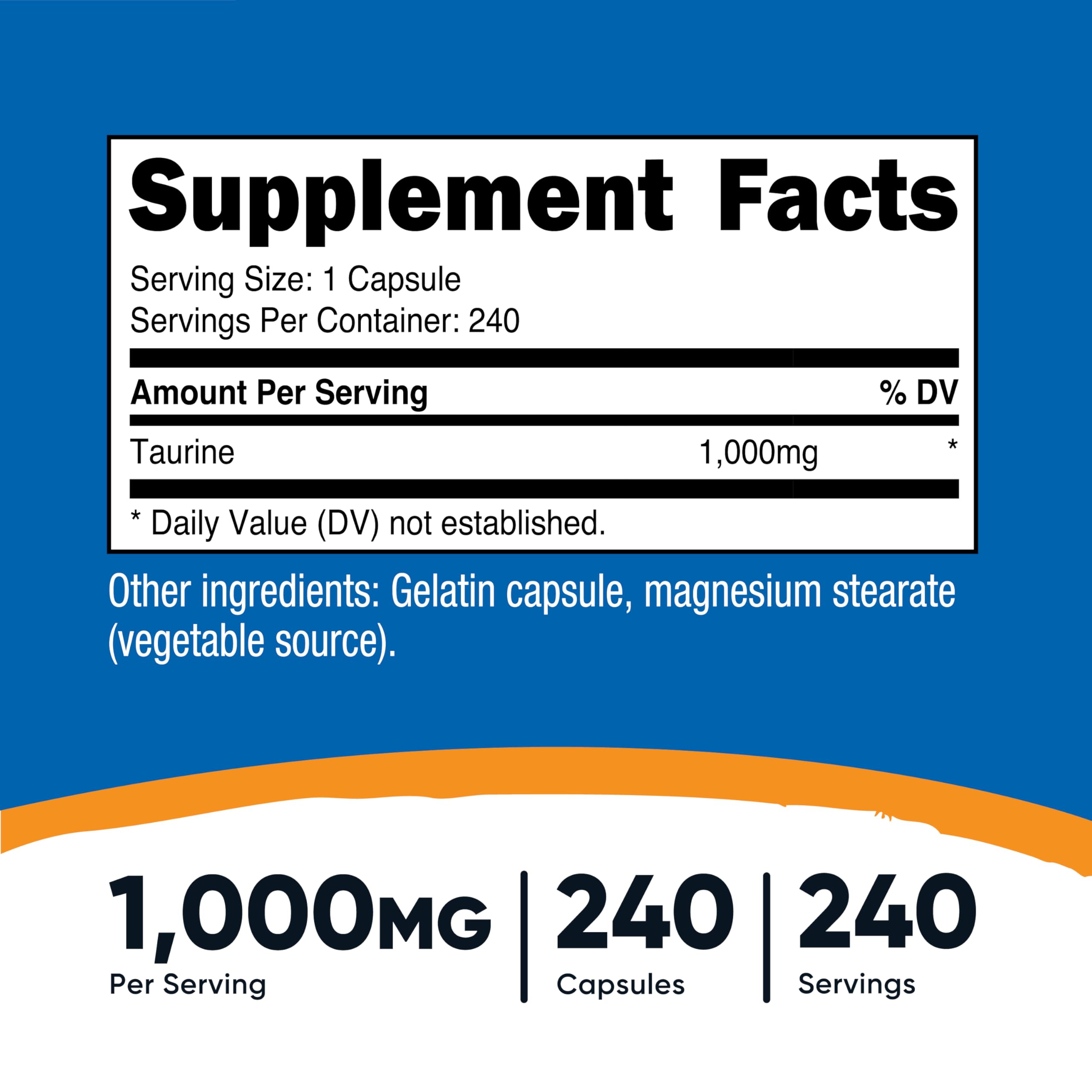 Close-up of Taurine bottle label – 1000mg per capsule