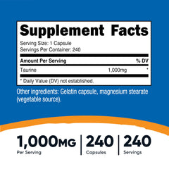Close-up of Taurine bottle label – 1000mg per capsule