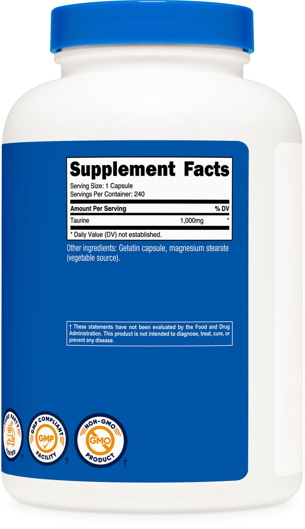 Label and ingredient details for Nutricost Taurine 1000mg capsules