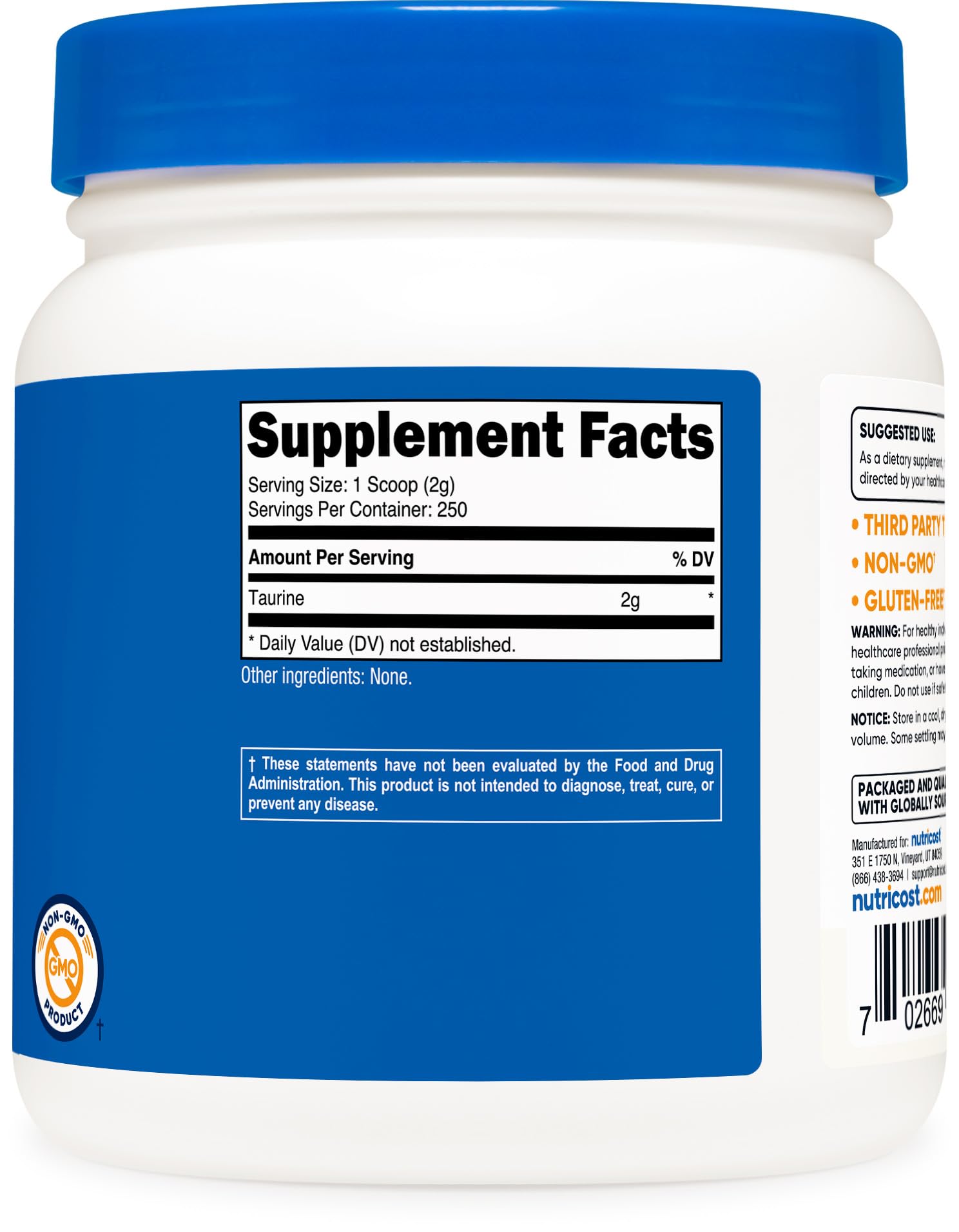 Nutrition facts label for Nutricost Taurine Powder 500g