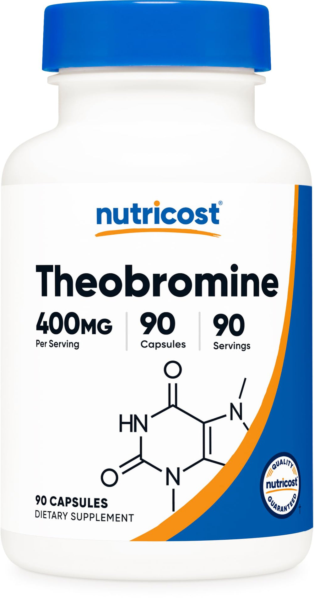 Nutricost Theobromine 400mg bottle front promotes steady energy for daytime focus