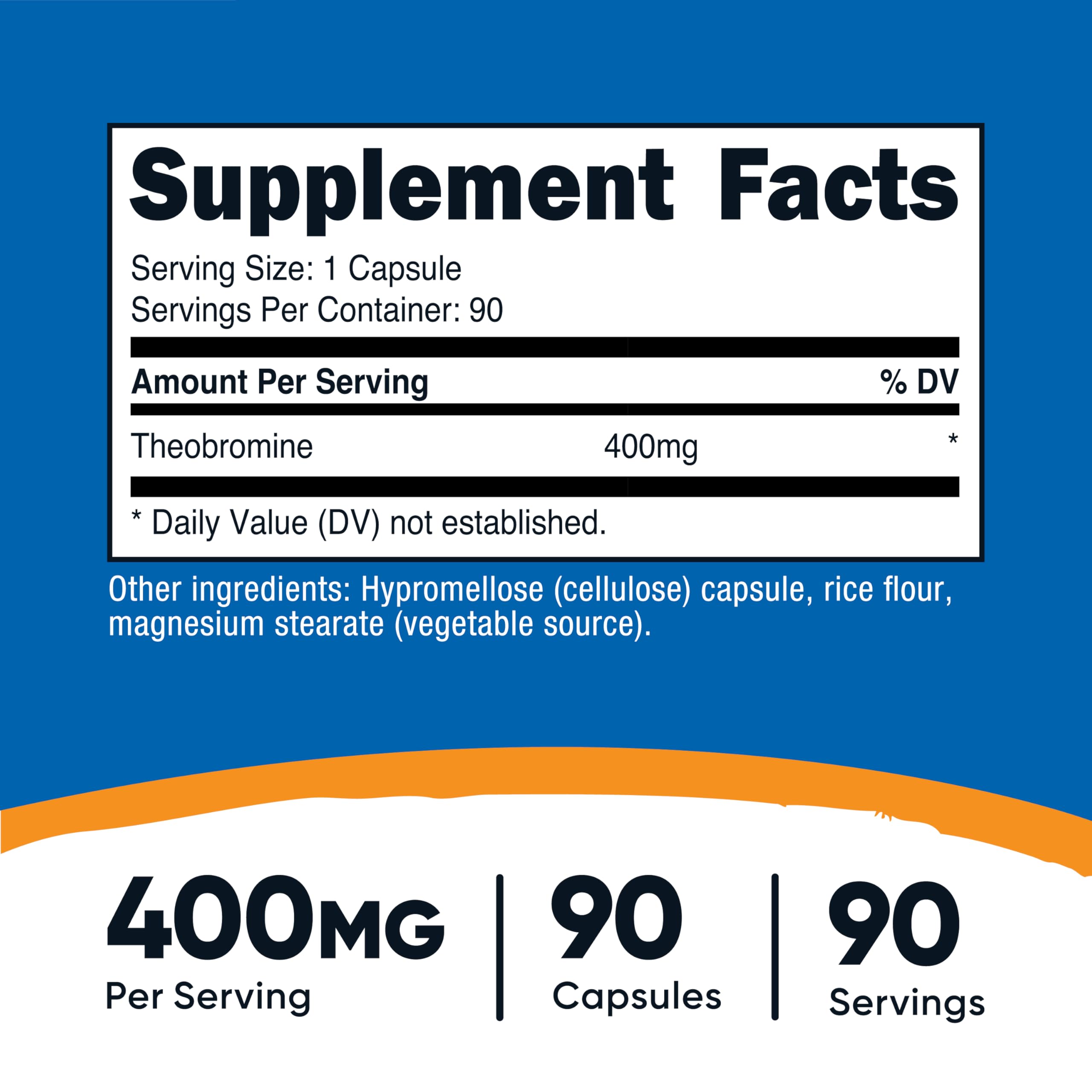 Nutricost Theobromine 400mg bottle label shows gluten free and non GMO details