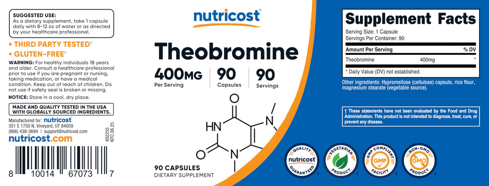 Nutricost Theobromine 400mg facility seal highlights GMP and FDA registered production