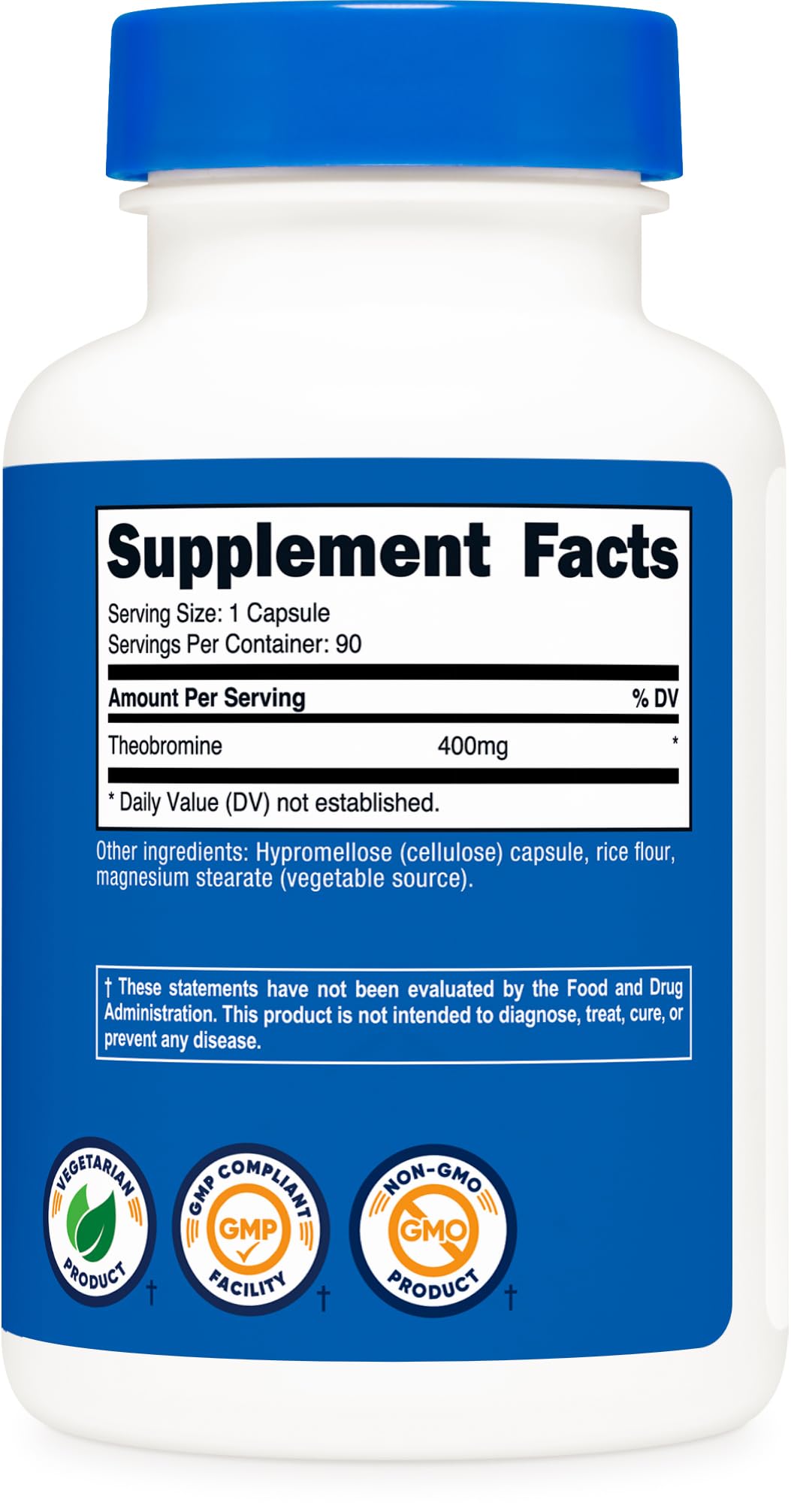 Nutricost Theobromine 400mg serving size shows one capsule and 90 servings