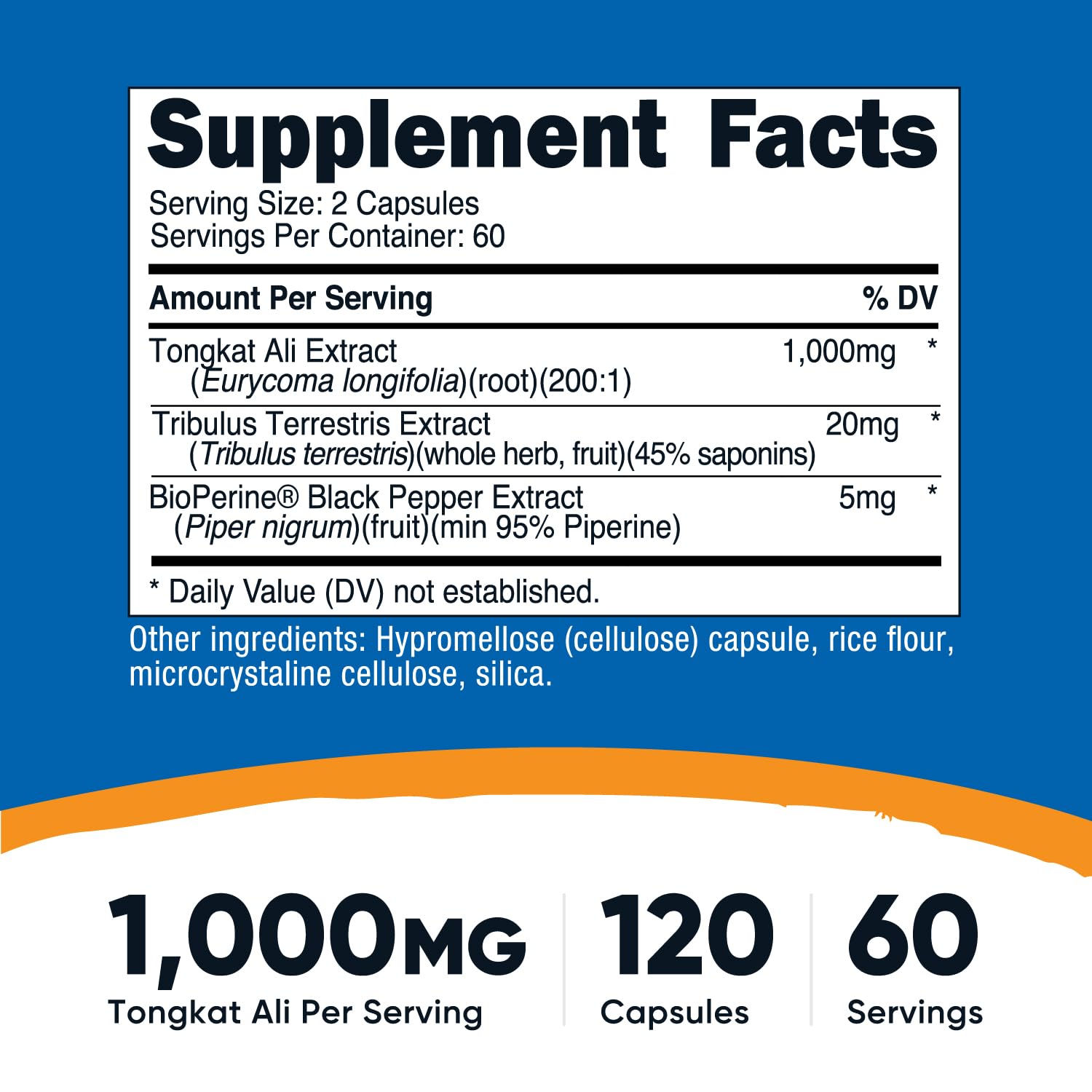 Ingredient panel showing 1000mg Tongkat Ali per serving with 200:1 extract
