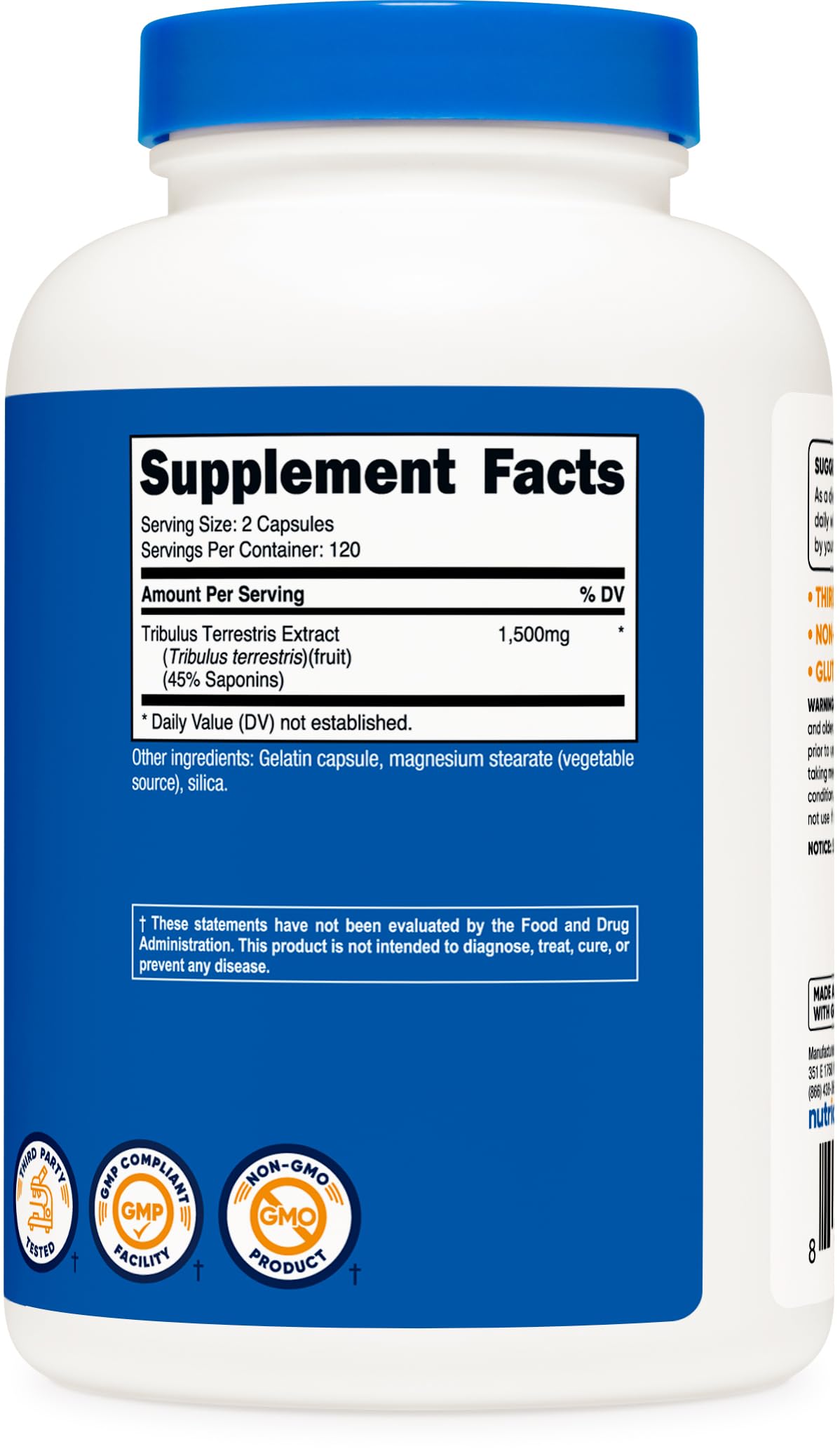 Supplement facts panel showing serving size and ingredients