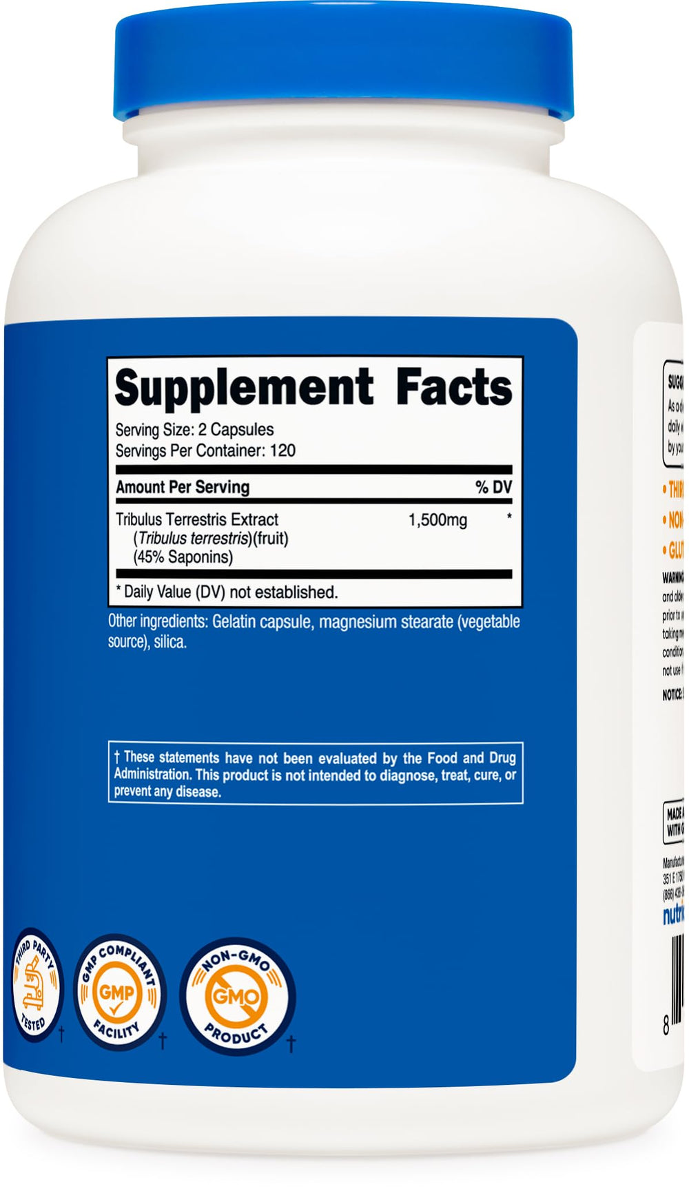 Supplement facts panel showing serving size and ingredients