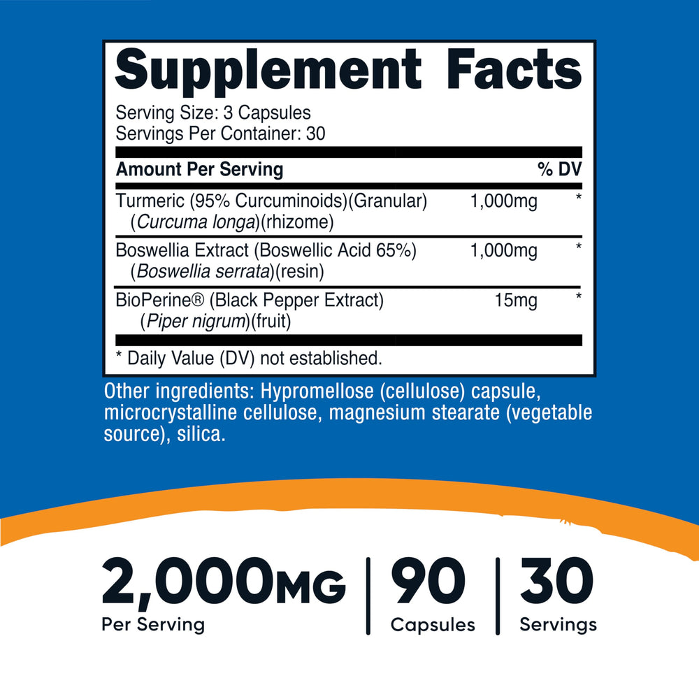 Close-up of Nutricost Turmeric + Boswellia label showing BioPerine and 95% curcuminoids