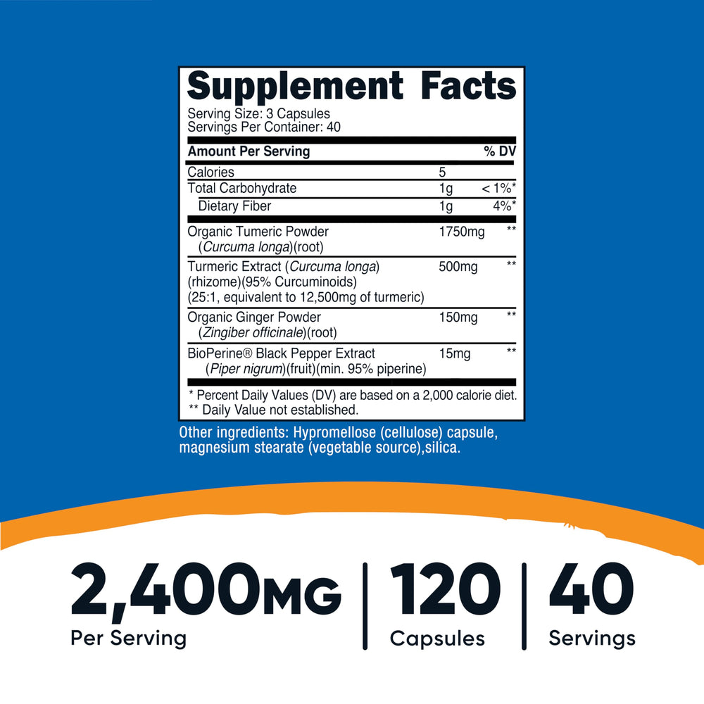 Close up of Nutricost Turmeric Ginger capsules