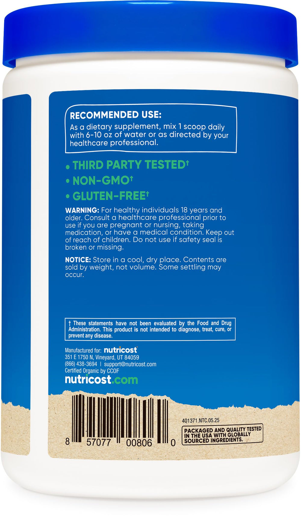 Badges showing USDA Organic, Non-GMO, Gluten Free