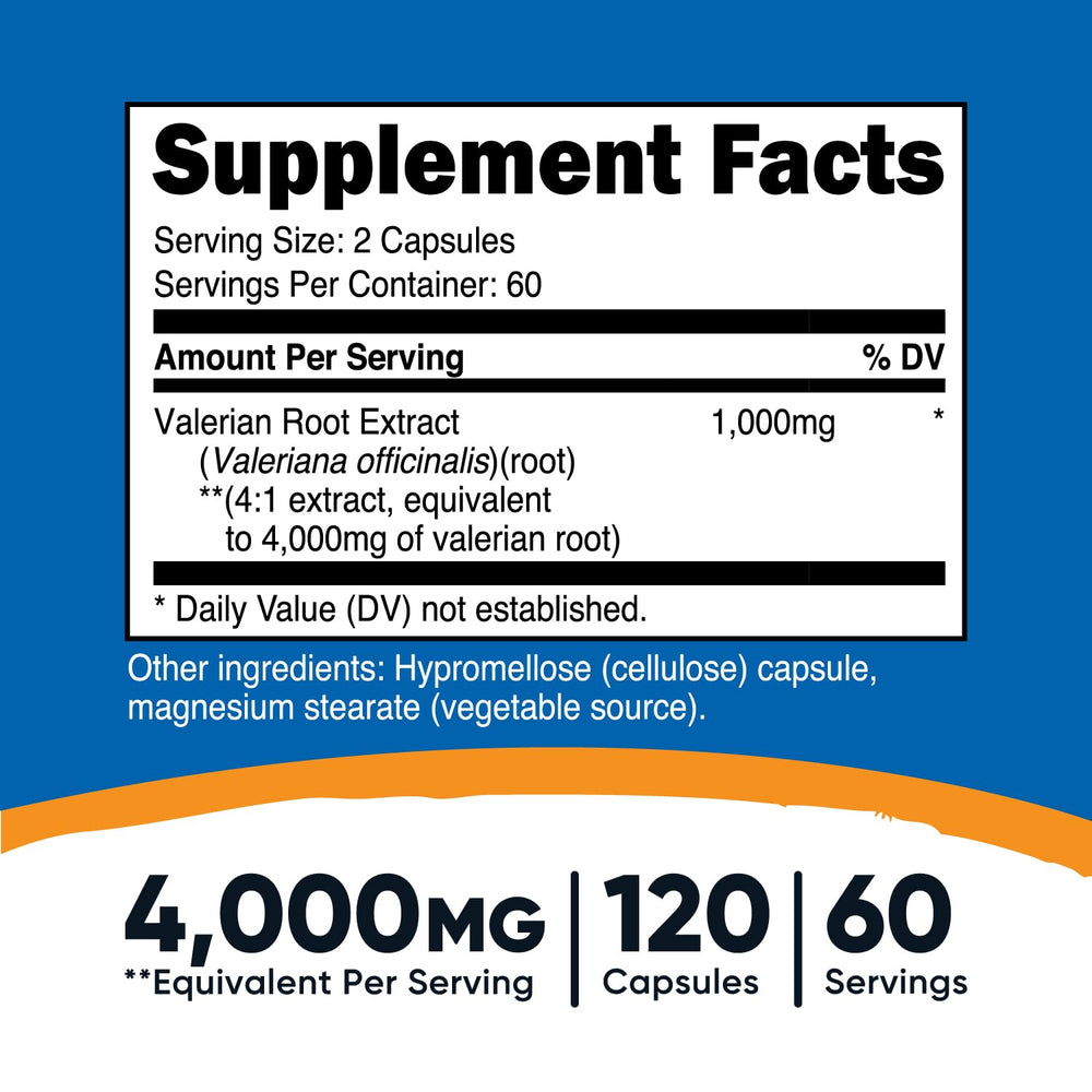 Close-up of valerian root extract capsules highlighting 4:1 strength